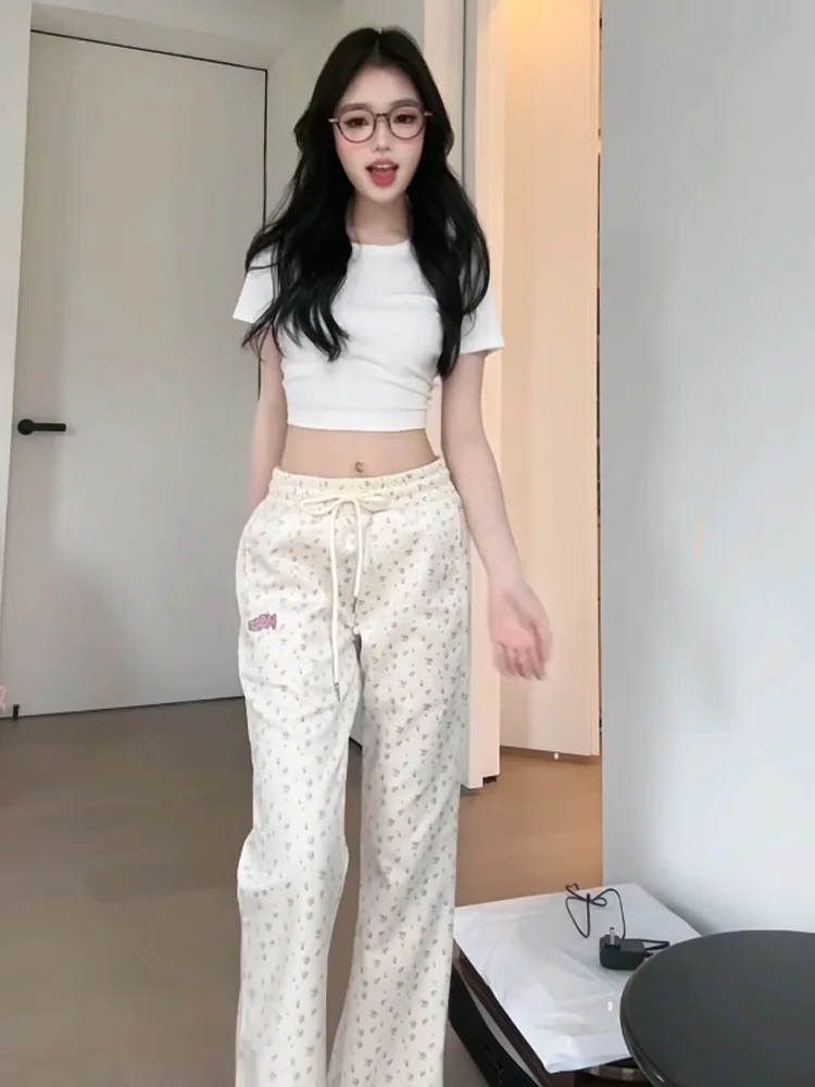 Pantaloni casual micro svasati con stampa floreale Sweet Sister Primavera Autunno da donna Dimagranti Taglia piccola Vita alta Drapey Sport Wide Le...