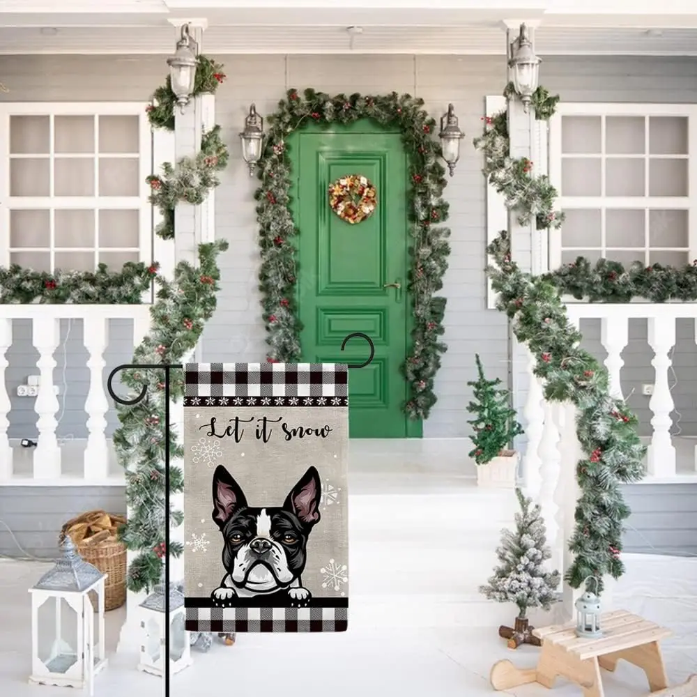 Let It Snow Dog Saint Bernard Garden Flag Black and White Buffalo Plaid Check Snowflake Grey Small Flag Outdoor Yard Decor Doubl