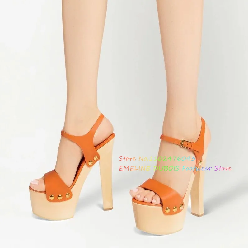 Wooden Block Heel Platform Sandals Ankle Buckle Strap Open Toe Orange Leather Black Nude Solid Fashion 2023 Summer Sandals