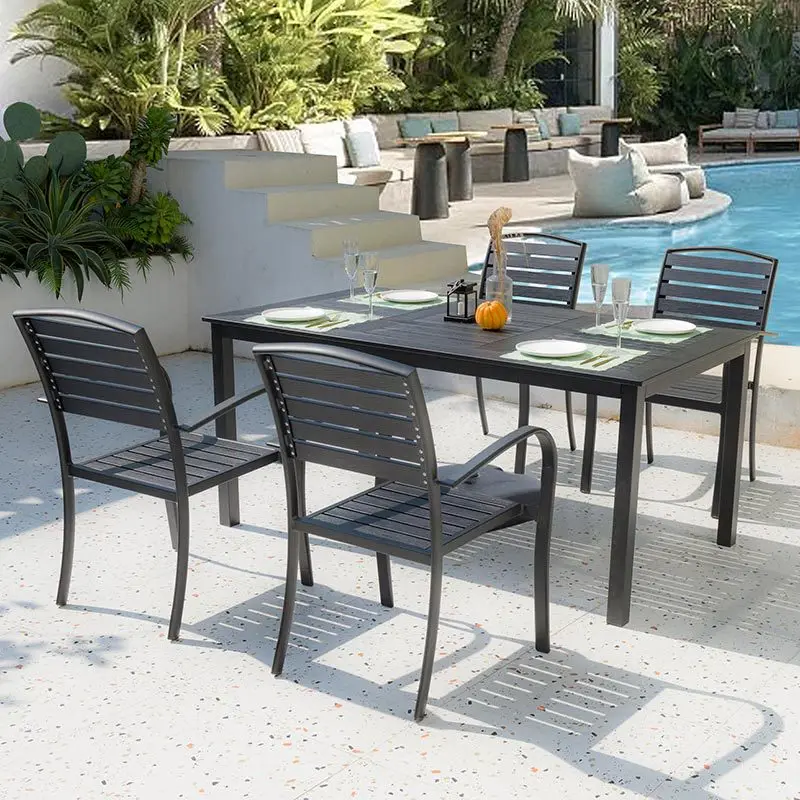 Outdoor plastic wood tables and chairs, courtyard anti-corrosion wood leisure tables and chairs combination, garden outdoor