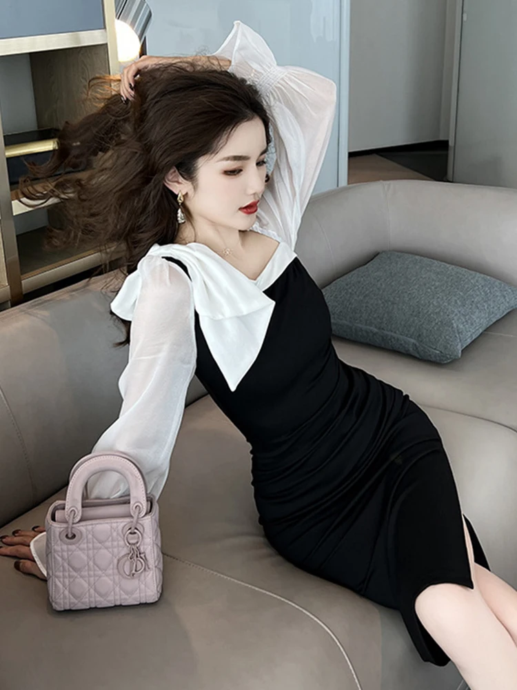 Primavera otoño moda Mujer vestido de noche elegante dulce Sexy cuello Diagonal ceñido al cuerpo por debajo de la rodilla fiesta de graduación bata Mujer Vestidos