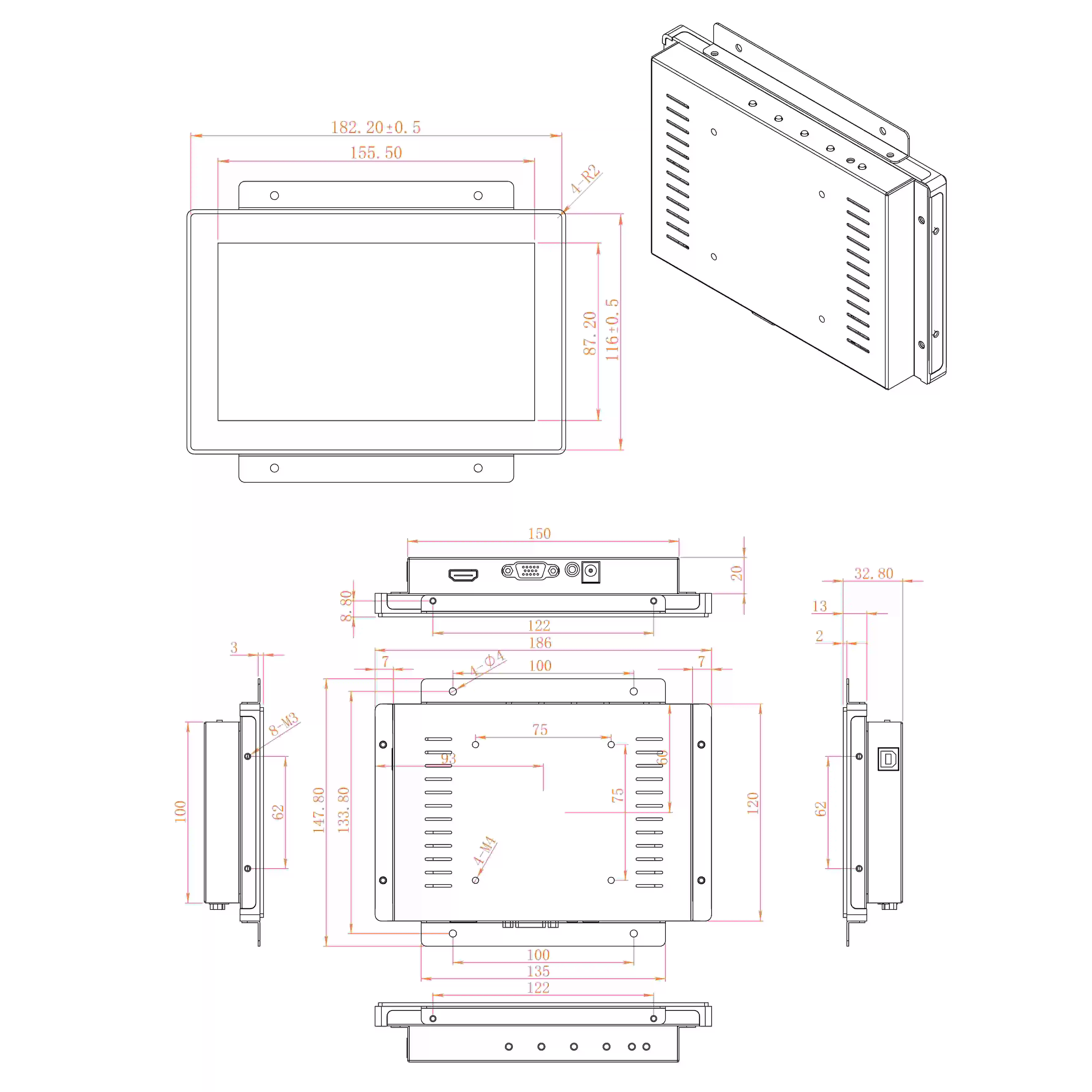 7inch 1024x600 IPS LCD 10Point Touch Industrial Display,IP65 Industrial Monitor