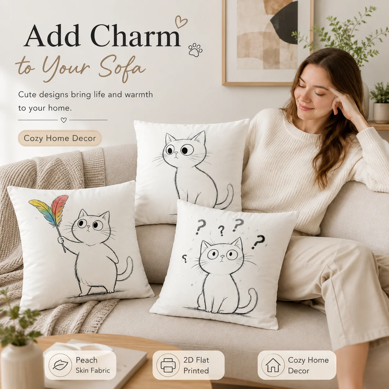 Cozy Room Decor 4 Pcs Cushion Covers 2D Flat Printed Peach Skin Cartoon Cat Coussin For Sofa Bed Home Decoration Pillowcase