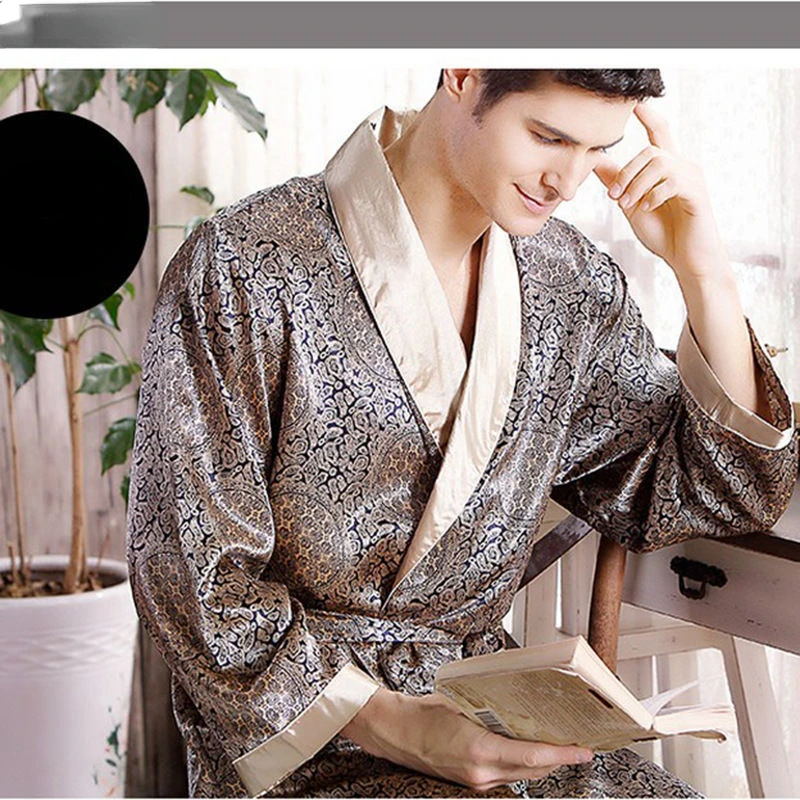 Luxury Brands Silk Robes Nightgowns Men Big Size Kimono Bathrobe Sleepwear Printed Vintage Loungewear Long Sleeve New