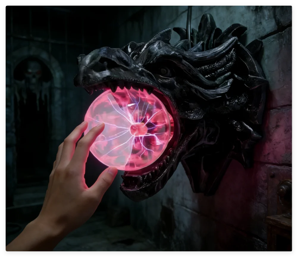 Escape Room Dragon Plasma Ball Prop touching ball for certain time to unlock plasma ball to open door