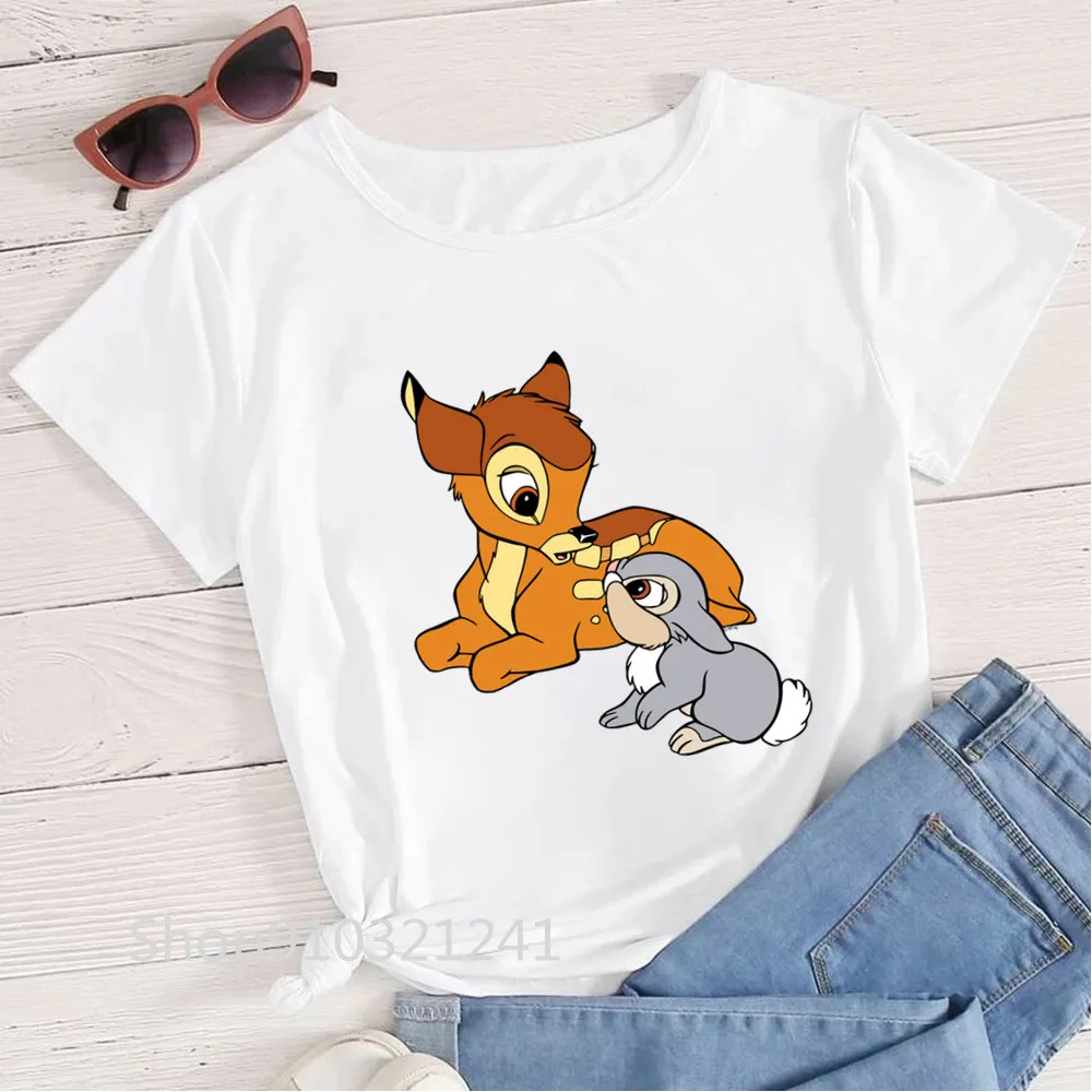 Women Funny Bambi and Bunny Print Girl Top Graphic Tee Shirt Harajuku T Shirt Female Basic Tees Cute Cartoon Short Sleeve