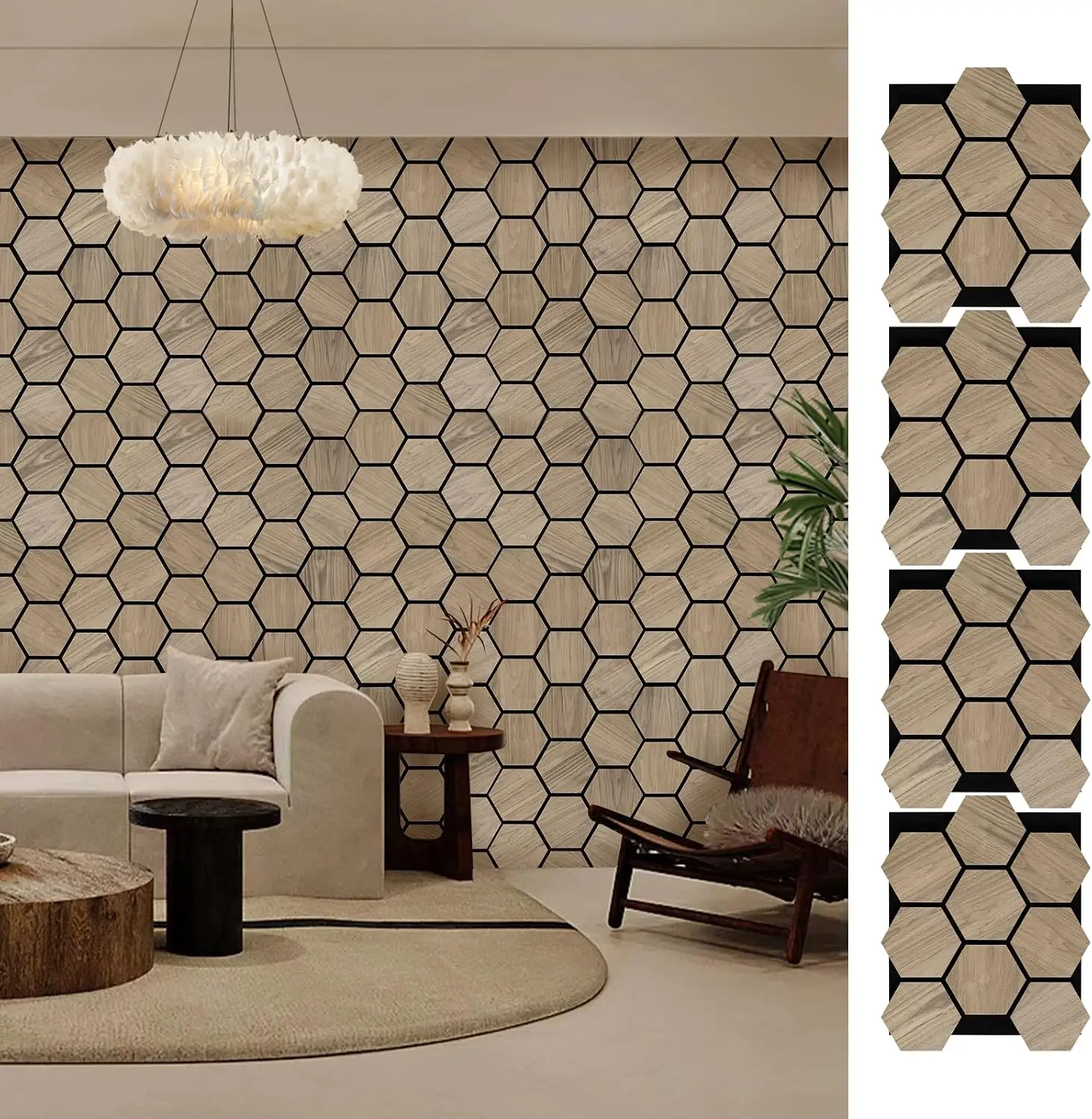 4 PCS Hexagon Acoustic Wall Panels - Natural Walnut Wood Veneer, 23.8"x29" Each