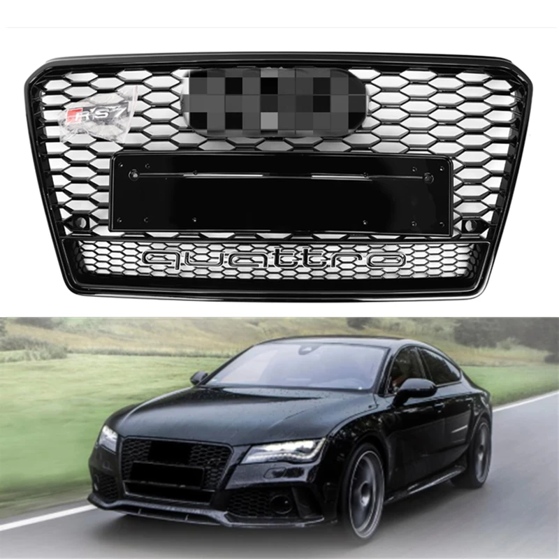 A7 Grill For RS7 Style Front Sport Hex Mesh Honeycomb HoodGrill Gloss Black for  A7/C7 202-2015 With lower mesh