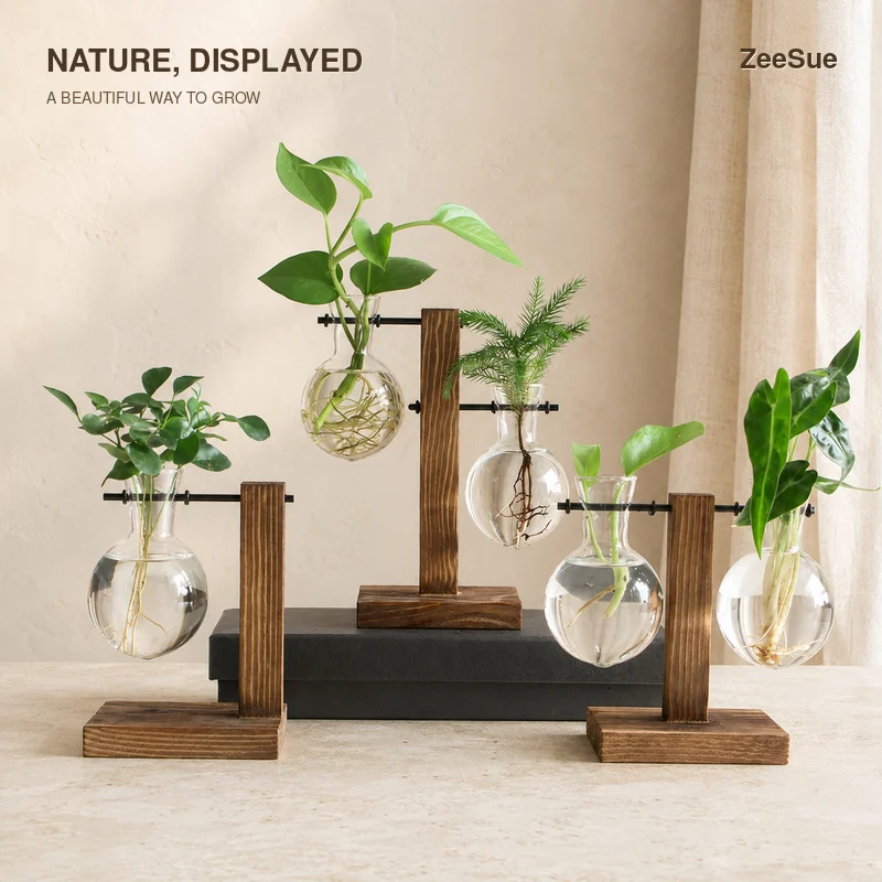 ZeeSue Wooden Hydroponic Planter with Clear Glass Vase, Desktop Plant Propagation Holder for Indoor Plants and Home Decoration