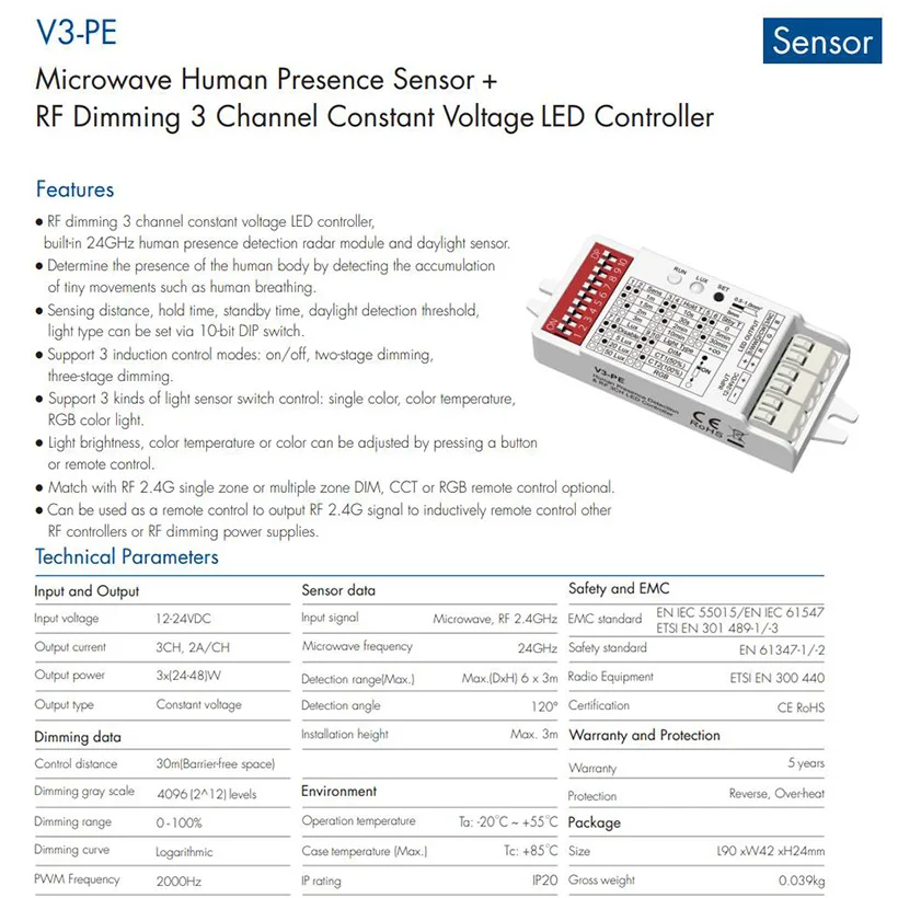 Microwave Human Presence Sensor RF Dimming LED Controller 3CH*2A DC 12V 24V Dimmer for Single Color CCT RGB LED Strip