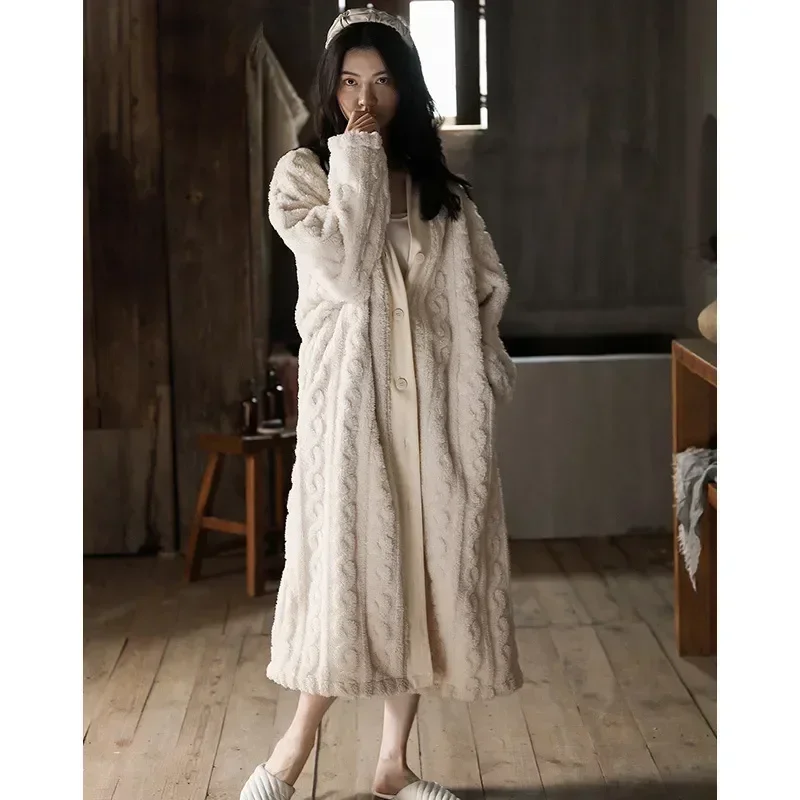 Single Winter Fleece Bathrobe Ladies Style Solid Korea Thick Long Sleeve Sleepwear For Breasted Women's Pajama Female Warm