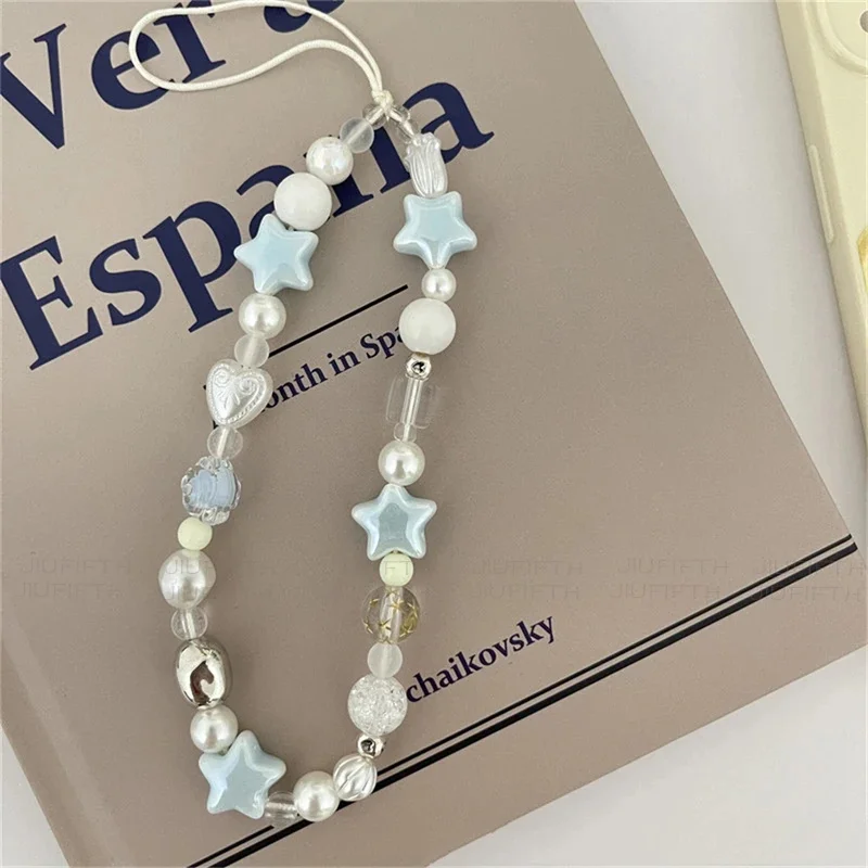 For iPhone Universal Accessories Lanyard Hanging Rope For Girl Pendant INS Star Pearl Beads Phone Short Chain Trendy Pendant
