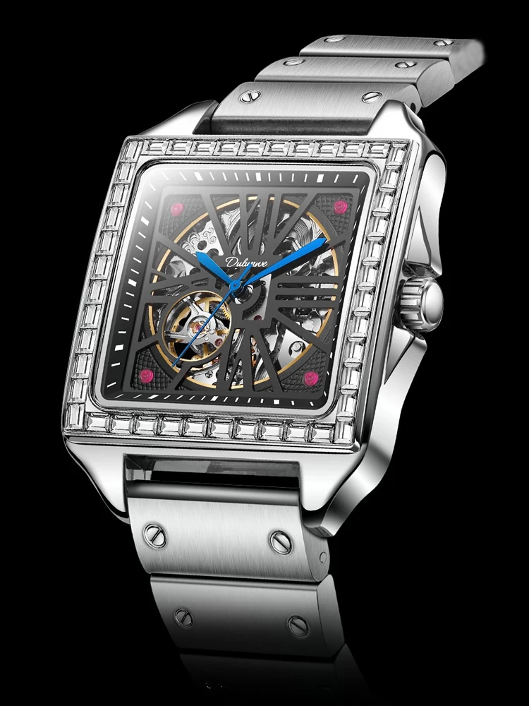

Automatic Watch for Men Square Dial Skeleton Stainless Steel Waterproof Stainless Steel Strap Sports Men's Mechanical Wristwatch