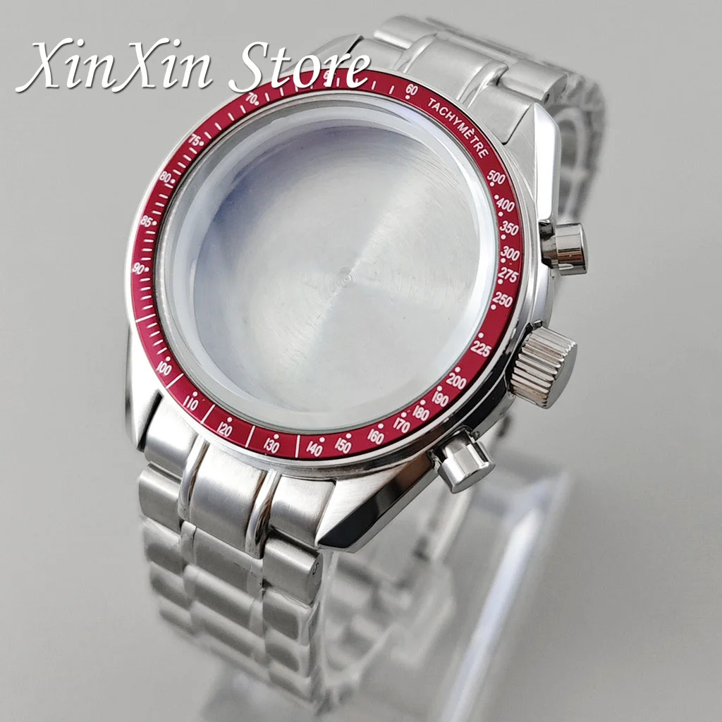 39.7mm Red Bezel VK63 Speedmaster Case Suitable for Omga VK64 VK63 Quartz Movement Fits 20mm Steel Band Case for 32.5mm Dial