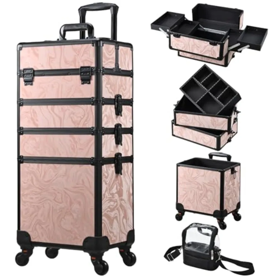 Rolling Makeup Case 4 in 1 Cosmetology Case on Wheels Alpine Pink Travel Cosmetic Trolley with Key Swivel Wheels for Salon Barb