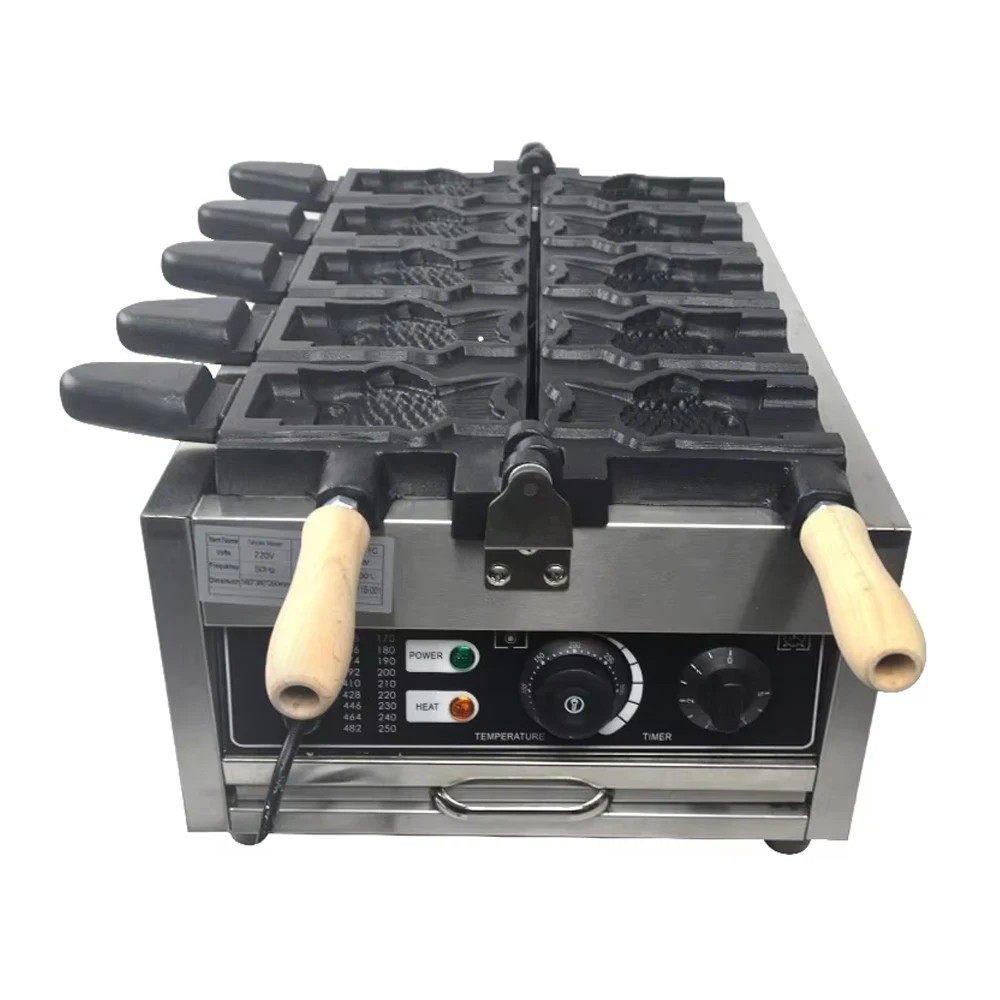 Commercial 5 Pcs Ice Cream Machine Automatic Fish Shaped Open Mouth Ice Cream Fish Taiyaki Machine Waffle Maker