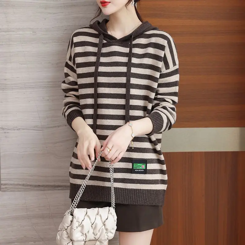 Striped Hoodies Sweatshirt for Women Warm Cold Knitwear Sweater New in Essential Sport Autumn and Winter Woman Hooded Tops Thick