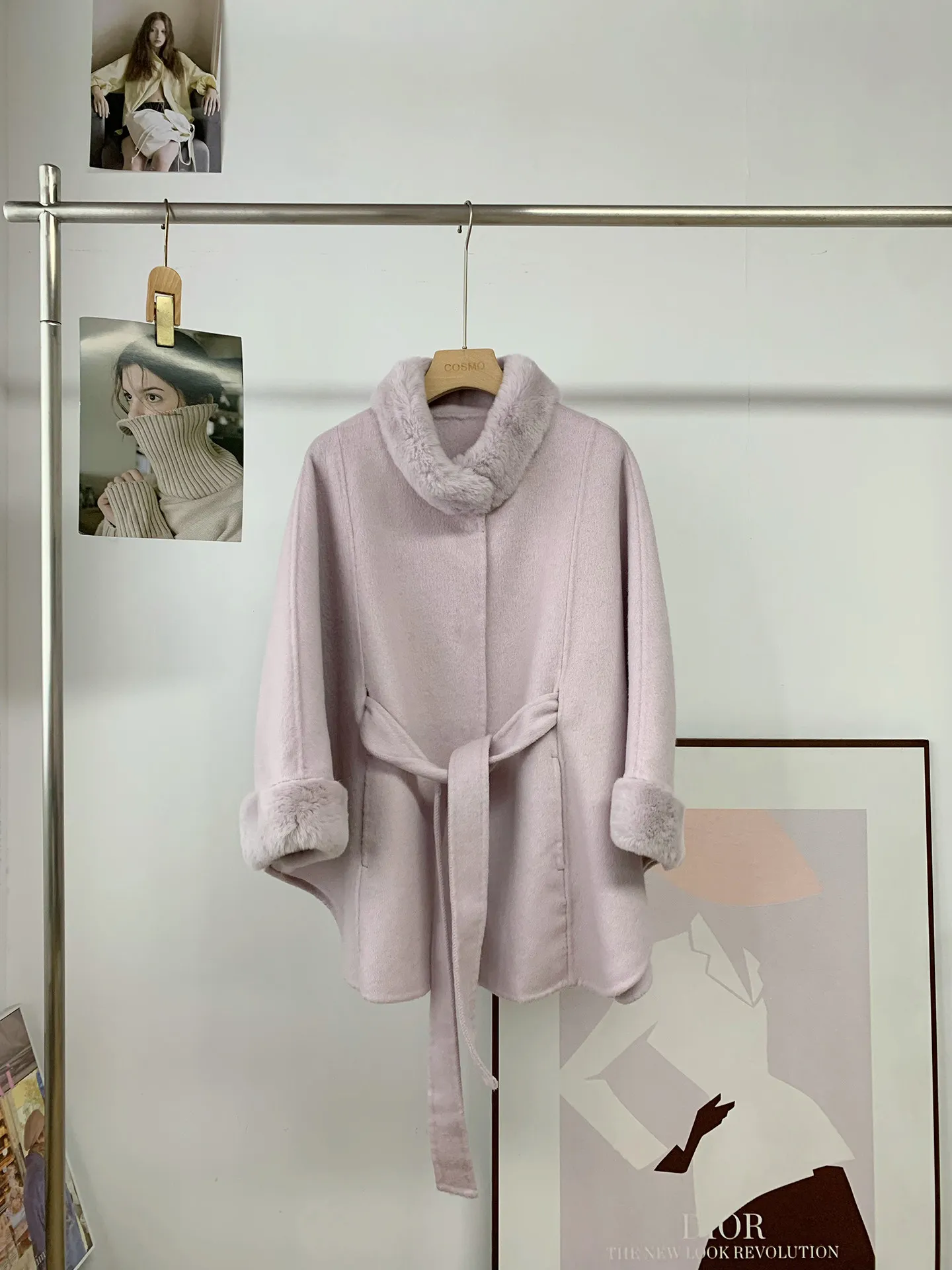Premium Womens Rabbit Fur Collar Cape Coat Double Faced Cashmere Woolen Mid Length Belted Waist Winter Outerwear Loose Fit