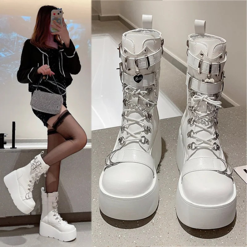 Plus Size 43 Autumn Women Boots Buckle Round Toe Wedges Platform Boots Punk Goth INS Women Street Shoes Combat Boots for Women