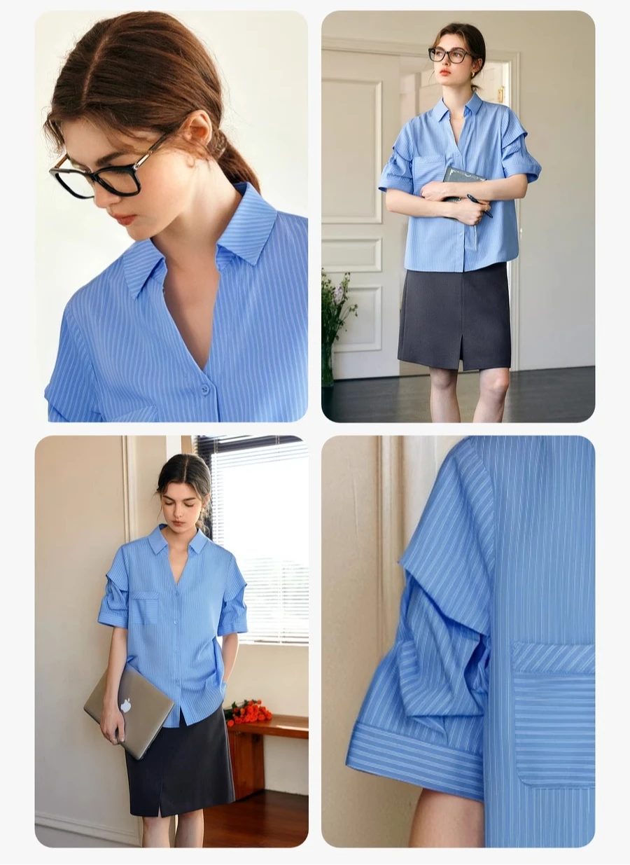 OLrain Women's Shirt 2025 Summer French Blue Striped Button-up Collared Pleated Sleeves Woman Blouses Ladies Clothing O57XC98015
