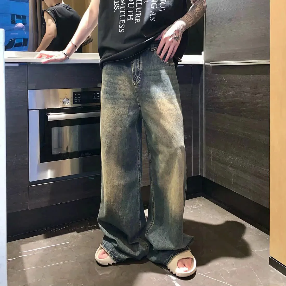 

New Men Vintage Wash Jeans Male Fashion Baggy Straight Wide Leg Casual Denim Trousers Popular Brand High Street Long Pants