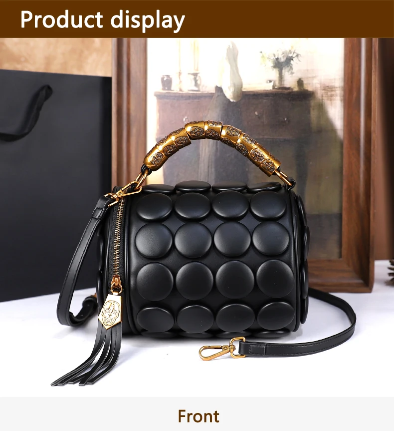 2026 Neues Design Damen Retro-Knopf-Lederhandtaschen Luxuriöse High-End Runde Röhrenförmige Bucket Bag Neue Mode Schulter-Umhängetasche – Detail 8