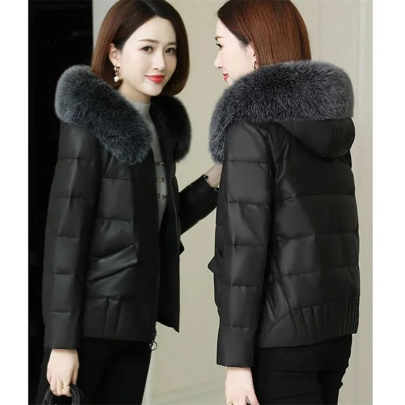 New Autumn And Winter Women's Short PU Leather Fur Imitation Fox Fur Collar Loose Down Cotton Padded Coat Female PU Leather Jack