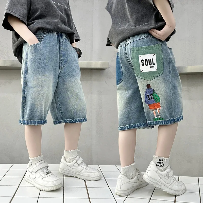 UNITIM Summer Kids Boys Shorts Thin Stickers Printed Junior Boys Denim Shorts 3-14Yrs Teens Boy Short Jeans Children Boys Shorts