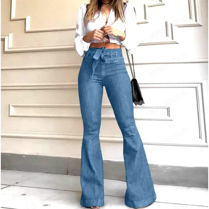 Stretch Waistband Bell Bottom Wide Legs Denim Pant Women All Seasons Simple Comfortable Micro Flared Shape Hip Lifting Jean