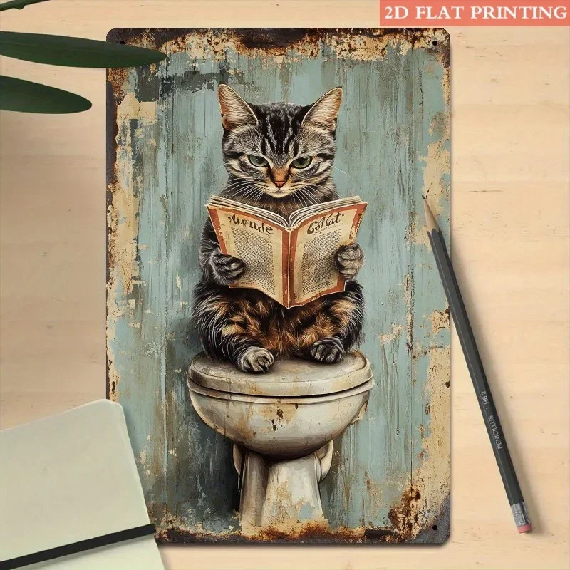 Letrero Metálico Divertido de Gato Leyendo en el Inodoro, 20x30cm, Decoración Vintage para Baño, Placa de Hierro para Lavande
