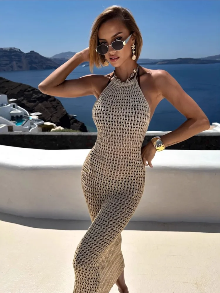 Robe de plage en tricot pour femmes, Sexy, ajourée, col rond, sans manches, Cover-Up pour Bikini, robe de vacances, été, 2026