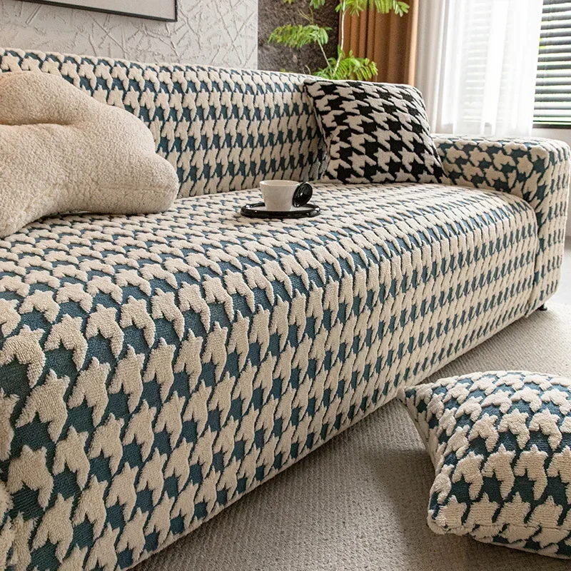 Cozy Houndstooth Check Velvet Sofa Cover All Inclusive Anti-Skid Seat Cushion Furniture Protection Slipcover for Living Room