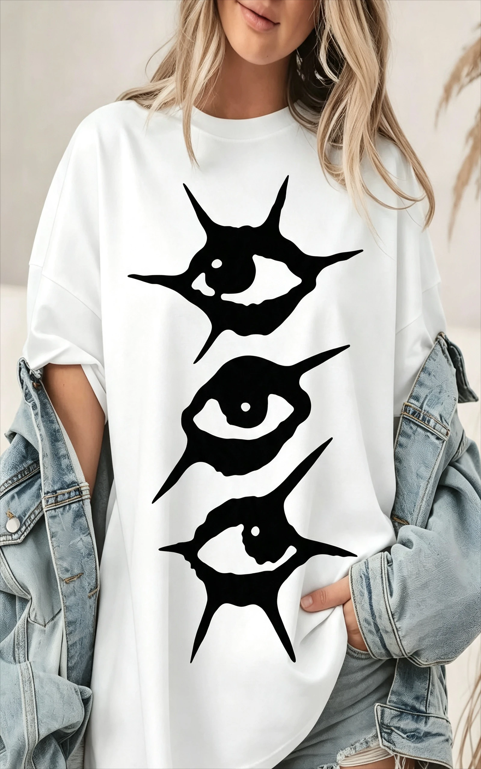 Women's Short Sleeve T‑shirt Retro Vertical Triple Mystic Eye Print Daily Street Outfit Occult Gothic Casual Tops Women Clothing