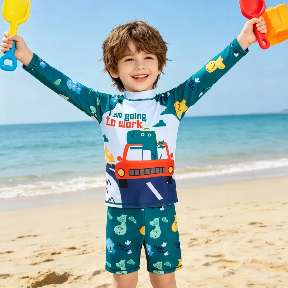 Roupa de Surf para Crianças Meninos de 2 a 11 Anos, Trajes de Natação para Meninas com Proteção Solar SPF 50+, Camisetas de Natação de Mangas Longas com Listras + Calções
