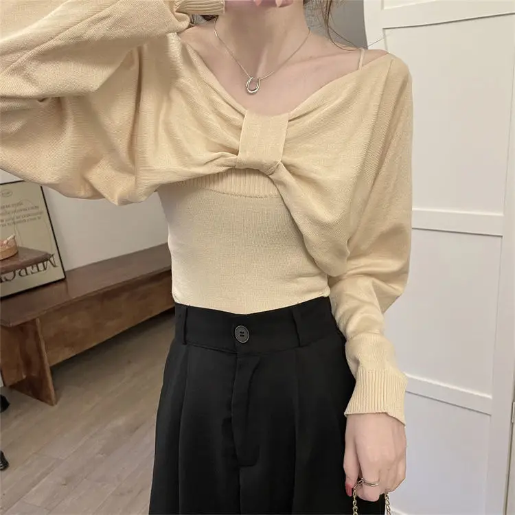 Bow One Shoulder Sweater Long Sleeve Knitted Shirt Women\'s Short Style High End Interior Top