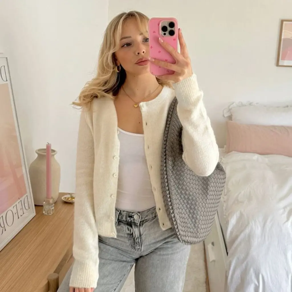 

Basic Solid Color round Neck Sweater Women's Casual Cardigan Jacket Autumn Simple Temperament All-match American Style