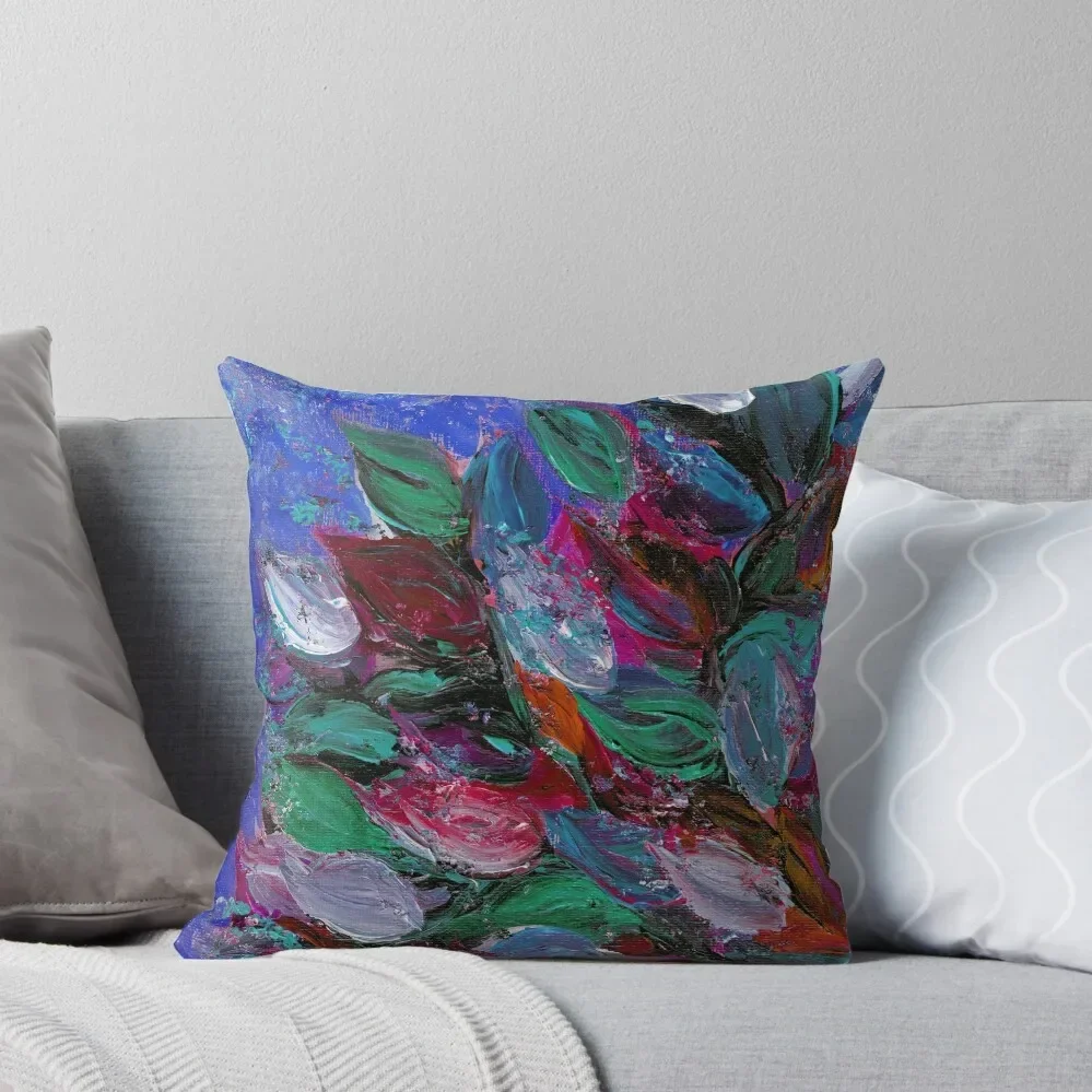 BLOOMING BEAUTIFUL 3 Rich Deep Blue Magenta Fuchsia Pink Red Green Floral Abstract Textural Impasto Flowers Acrylic Throw Pillow