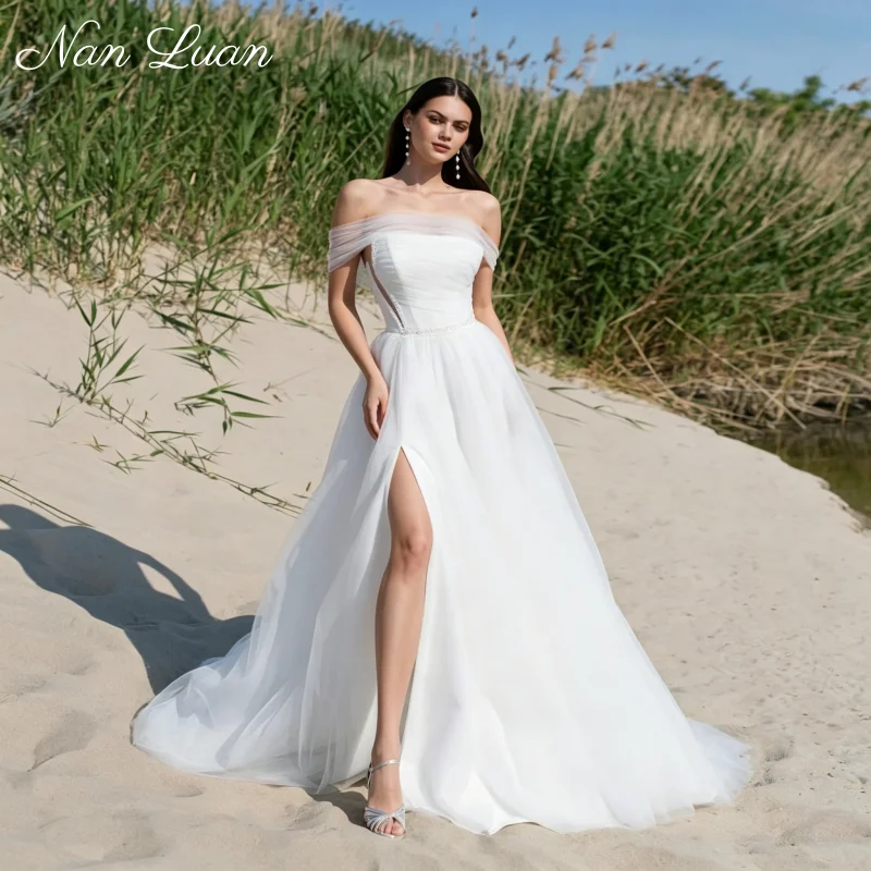 Boho A Line Wedding Dress Off Shoulder Tulle Gown Side Slit Outdoor Bridal Sweep Train Vestidos De Novia Customized