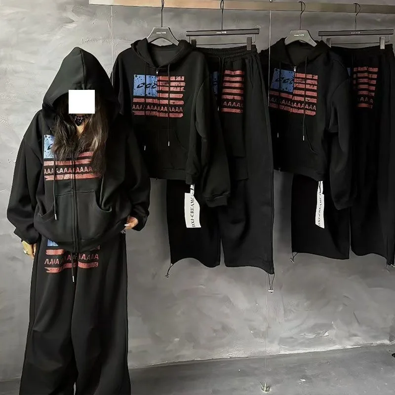 

Ins retro Harajuku street flag vintage print trendy brand design sense hooded sweatshirt jacket