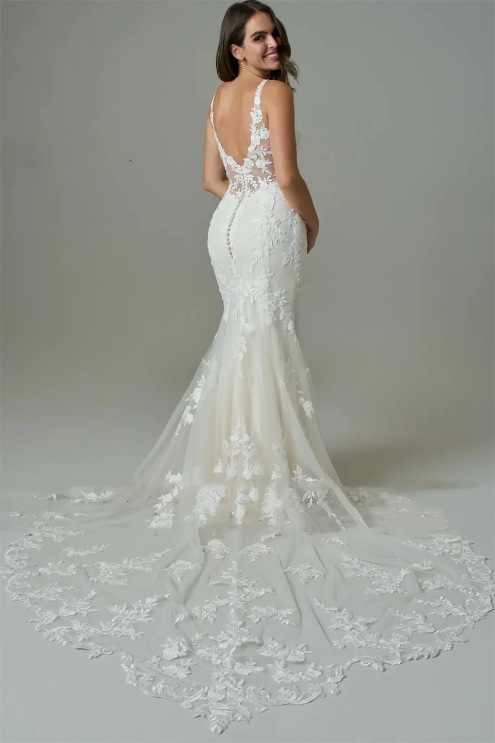 Flavinke Customized Exquisite Wedding Dresses for Women Sleeveless Mermaid Lace Appliques Brides dresses Gown vestidos de novia