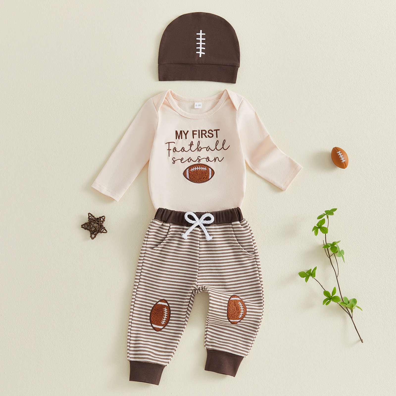 Baby Boy Fall Outfit Long Sleeve Letters Football Seasons Romper Stripes Rugby Pants With Hat 3pcs Set