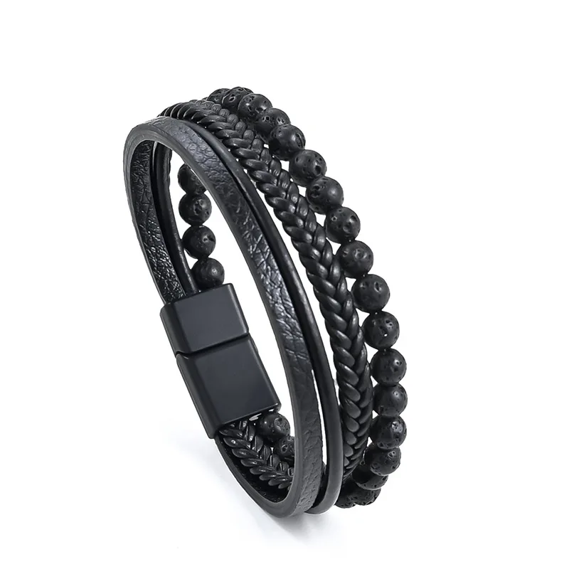 1szt Gorąco sprzedająca się minimalistyczna punkowa męska skórzana wielowarstwowa bransoletka, naturalny kamień wulkaniczny Czarna tkana bransoletka magnetyczna