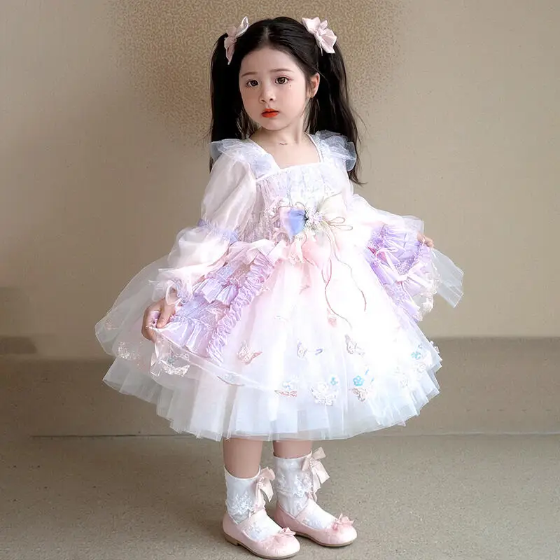 

Girls Lolita Princess Dress Spring Autumn Butterfly Embroidered Layered Ball Gown with Puffy Mesh Skirt Children's Birthday Gift