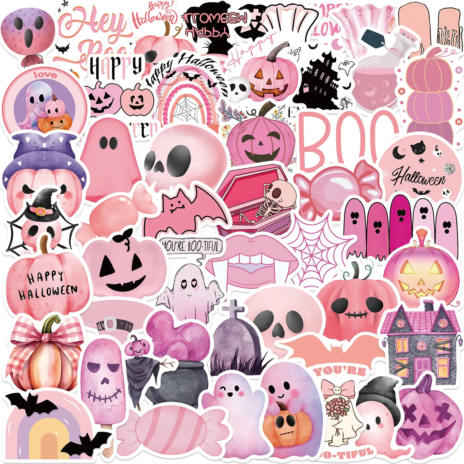 50PCS Kawaii Pink Halloween Stickers Ghost Skull Pumpkin Luggage Notebook Phone Guitar Laptop Skateboard Waterproof Sticker