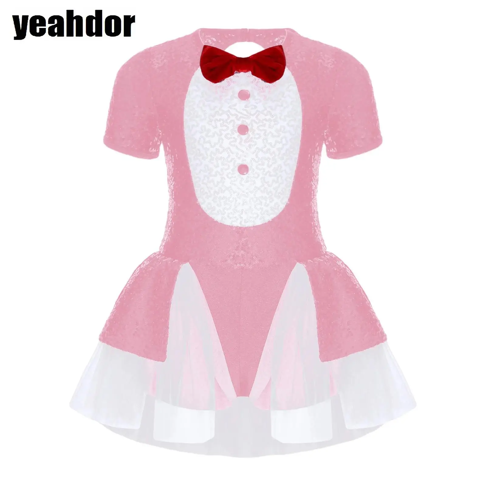 

Girls Sequin Dress Circus Ringmaster Costume Short Sleeve Bow Puffy Mesh Leotard Dress for Halloween Magician Cosplay Dress Up