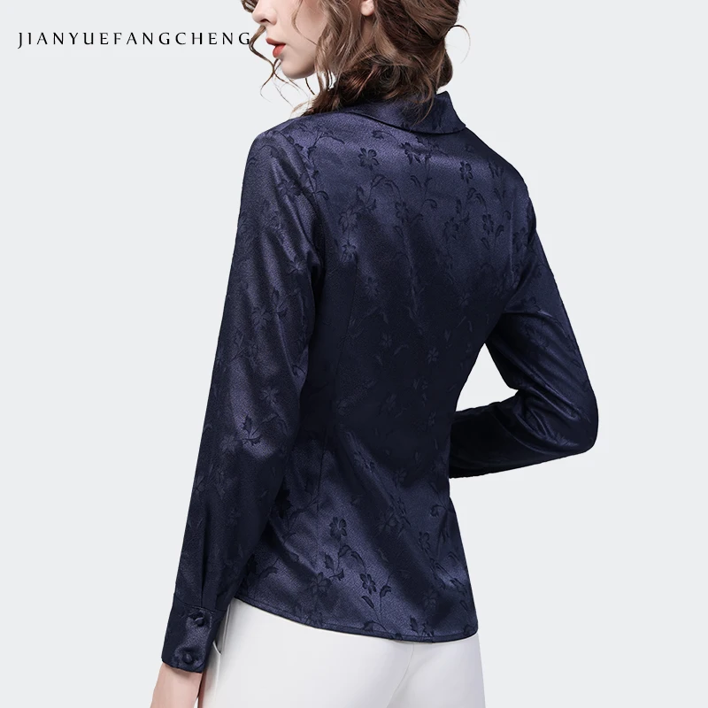 Vintage Women Long Sleeve V-Neck Dark Color Jacquard Satin Blouse Elegant Slim Cinch Waist Short Spring Summer Top Casual Shirts