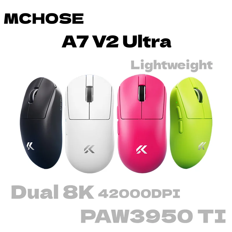 MCHOSE A7 V2 Ultra Gaming Mouse PAW3950 TI Sensor Dual 8000Hz 20000fps 42000DPI 750IPS Imported Super Glide Glass Coating CSGO