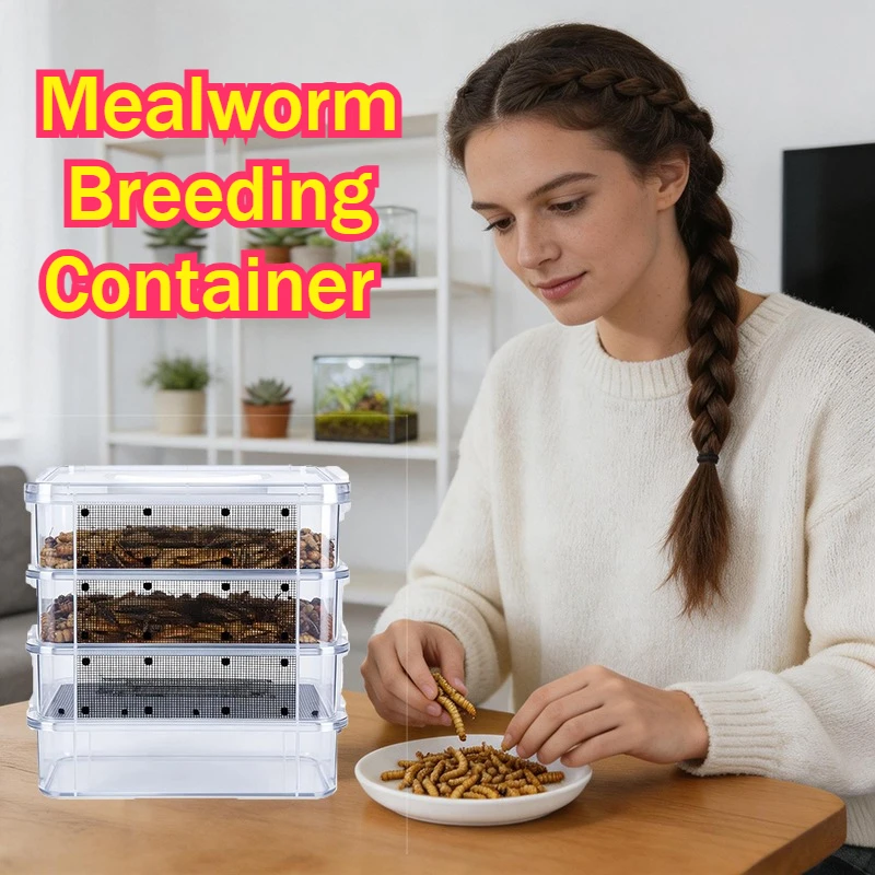 Mealworm Silkworm Baby Breeding Container 4-layer Stackable Plastic Boxes with Handles Breathable Reptile Snake Feeding Supplies