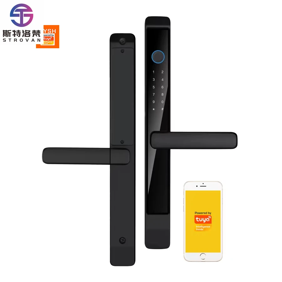 STLF Tuya WiFi Smart App Lock Fingerprint Door Handle Digital Keyless Lock Waterproof Wood Steel Doors Narrow Profile Aluminum