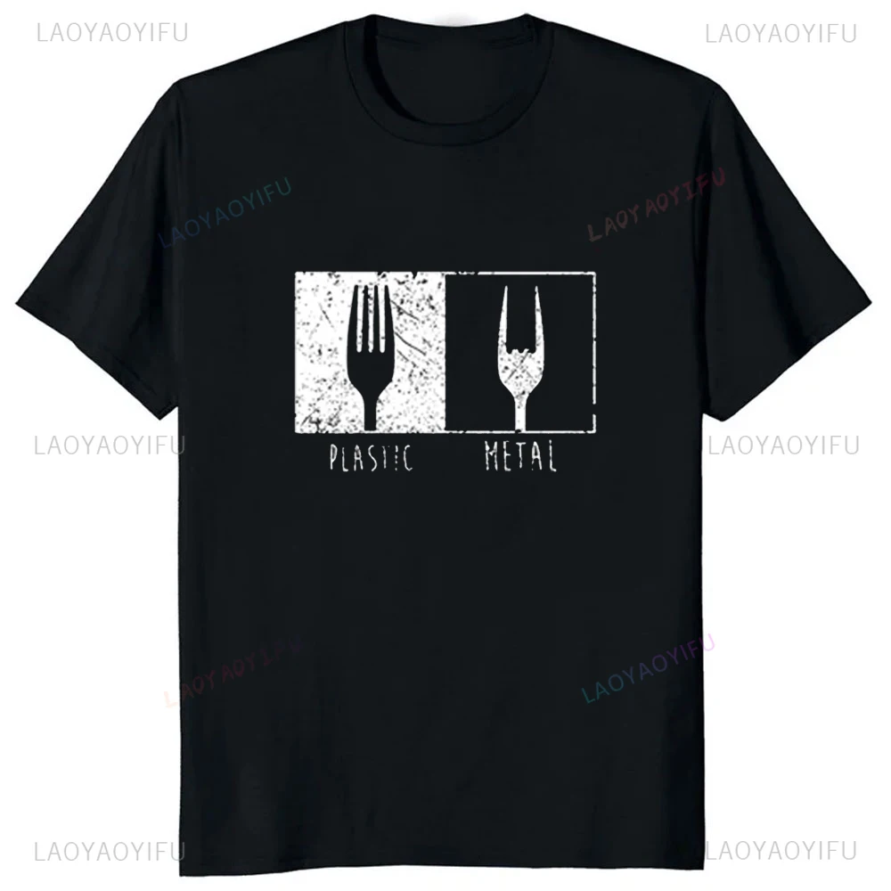 Funny Printed Everyday Objects Pattern Metal Plastic Fork T Shirt Streetwear Casual Fashion Loose T-Shirts Breathable Clothing